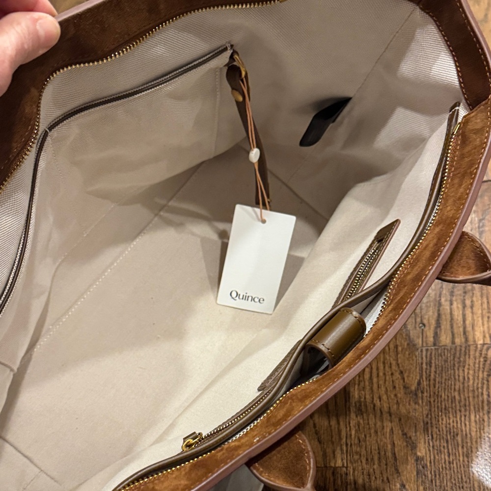 Quince Suede Zip Top Tote Bag in Whiskey Brown - Picture 5 of 15